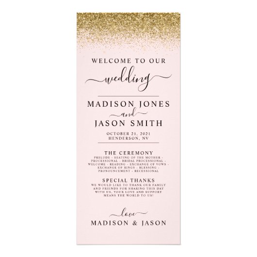 Blush Pink & Gold Glitter Weddenprogramma Reclamekaart (Voorkant)