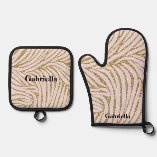 Blush Pink Gold Glitter Zebra Ovenwant & Pannenlap Set (Voorkant)