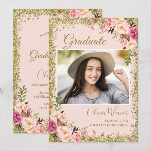 Blush Pink Gold Glitters Floral Foto Afstuderen Kaart (Voorkant / Achterkant)