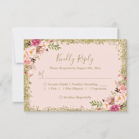 Blush Pink Gold Glitters Floral RSVP Antwoord (Voorkant)