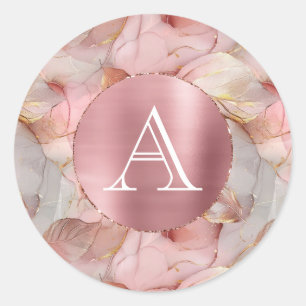 Blush Pink Gold Leaves Monogram Ronde Sticker