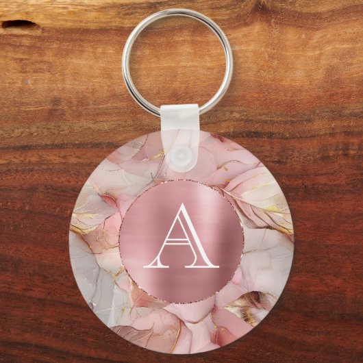 Blush Pink Gold Leaves Monogram Sleutelhanger (Voorkant)