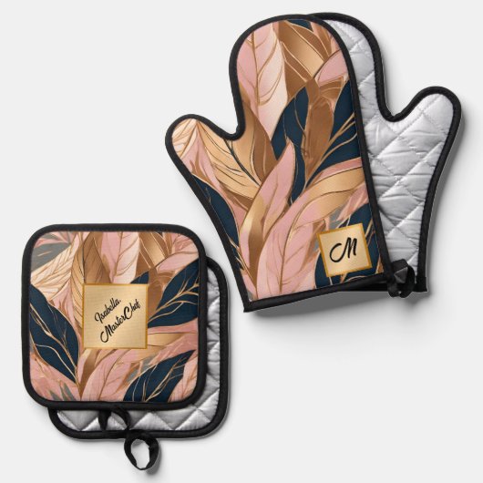 Blush Pink Gold Modern Boho Leaves Collectie Ovenwant & Pannenlap Set (Voorkant / Achterkant)