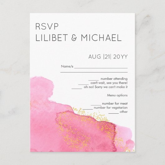 Blush Pink Gold Modern Wedding RSVP avec menu (Devant)