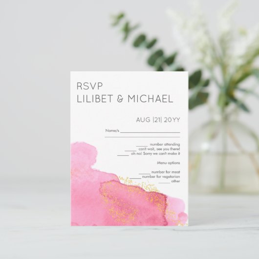 Blush Pink Gold Modern Wedding RSVP avec menu (Debout devant)