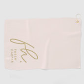 Blush Pink Gold Monogram Script Moderne naam Girly Golfhanddoek (Horizontaal)