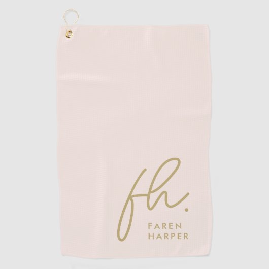 Blush Pink Gold Monogram Script Moderne naam Girly Golfhanddoek (Voorkant)