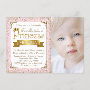 Blush Pink Gold Princess First Birthday Invitation Kaart