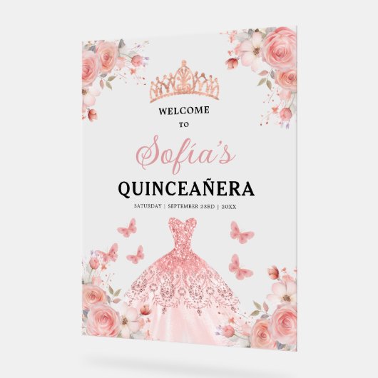 Blush Pink Gold Princess Quinceañera Welkom Acryl Bord (Hoek)