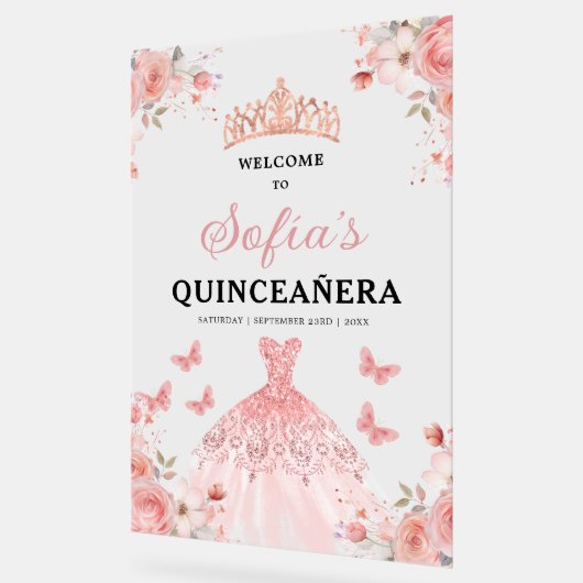 Blush Pink Gold Princess Quinceañera Welkom Acryl Bord (Hoek)