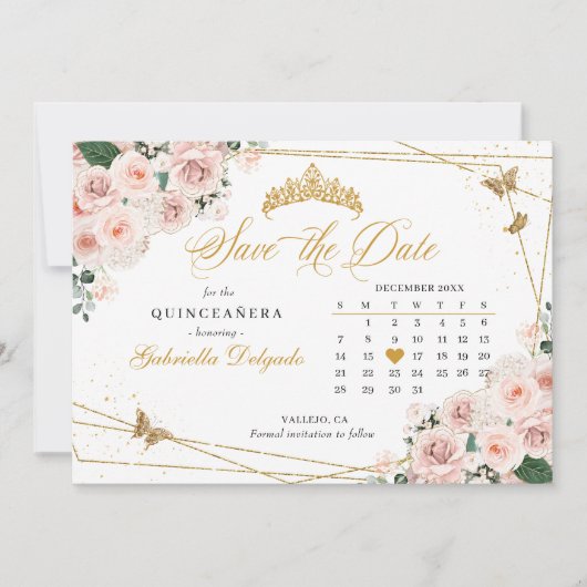 Blush Pink & Gold Quinceañera Save The Date Kaart (Voorkant)