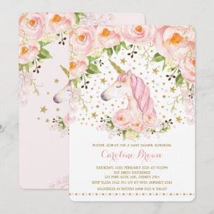 Blush Pink Gold Rozen Floral Unicorn Baby shower Kaart