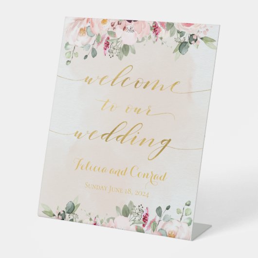 Blush Pink Gold Script Calligrafie Welkom bruiloft Reclamebord Met Voetstuk (Voorkant)