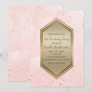Blush Pink Gold Splatter Glam Birthday Party Event Kaart