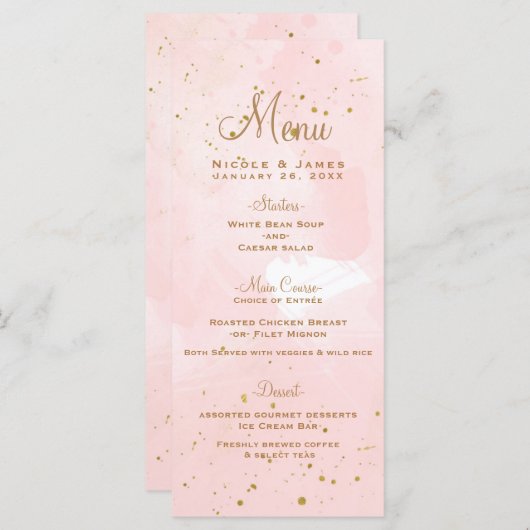 Blush Pink & Gold Splatter Modern Wedding Menu (Voorkant / Achterkant)