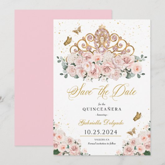 Blush Pink & Gold Tiara Save The Date Quinceañera Kaart (Voorkant / Achterkant)