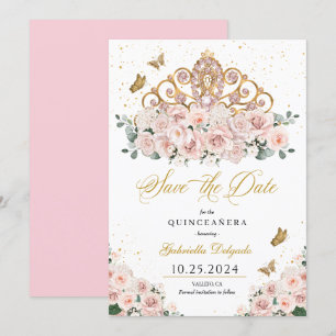 Blush Pink & Gold Tiara Save The Date Quinceañera Kaart