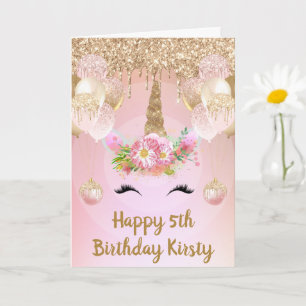 Blush Pink & Gold Unicorn Face Birthday Kaart