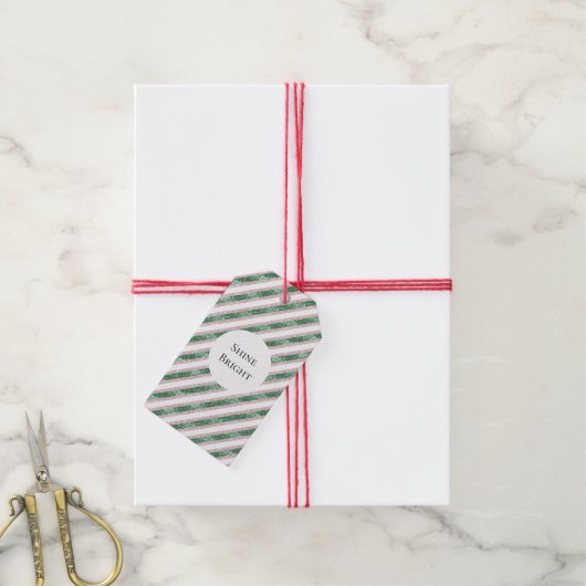 Blush Pink Green Glitter Stripes Christmas Cadeaulabel (Met Touw)