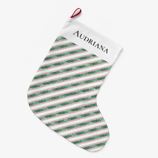 Blush Pink Green Glitter Stripes Christmas Grote Kerstsok (Voorkant (Hangend))