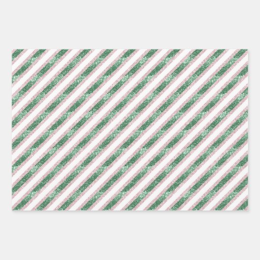 Blush Pink Green Glitzy Stripes Christmas Inpakpapier Vel (Voorkant)