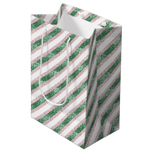 Blush Pink Green Glitzy Stripes Christmas Medium Cadeauzakje (Voorkant Gekanteld)