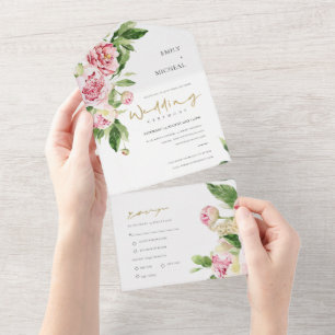 BLUSH PINK GREEN PEONY FLORAL WATERVERF WEDT A ALL IN ONE UITNODIGING