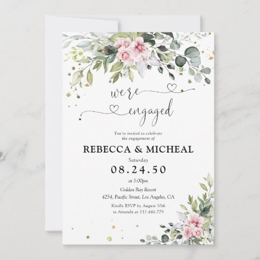 Blush Pink Greenery Engagement Party Uitnodiging (Voorkant)