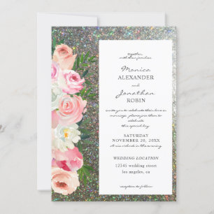 Blush Pink & Grey Floral & Silver Glitter Wedding Kaart