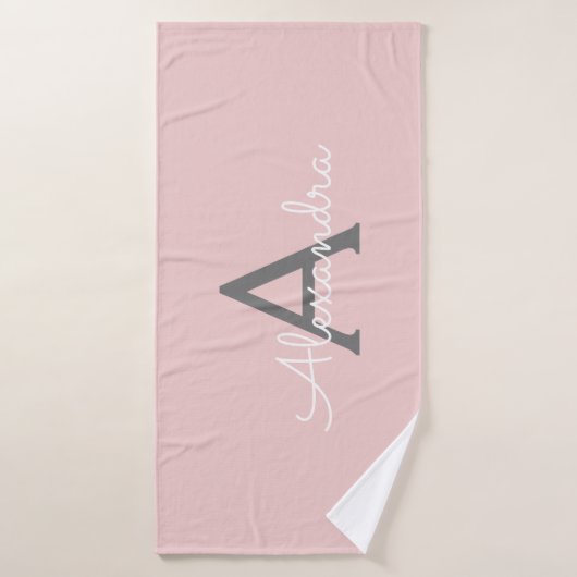 Blush Pink Grey Modern Script Girly Monogram (Serviette de bain)