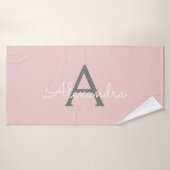 Blush Pink Grey Modern Script Girly Monogram (Serviette de bain)