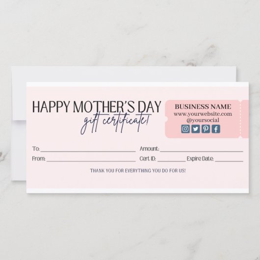 Blush Pink Happy Moederdag Cadeaubon (Voorkant)