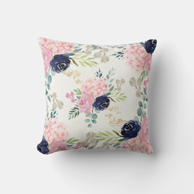 Blush Pink Hidrangea, Navy blue floral Pillow Kussen (Voorkant)