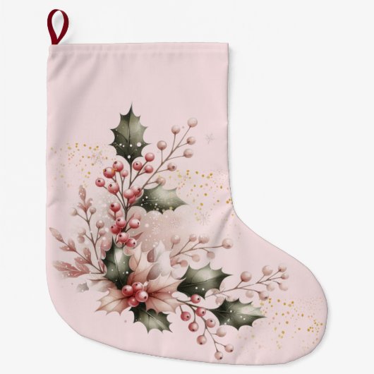 Blush Pink Holly en bessen Grote Kerstsok (Voorkant)