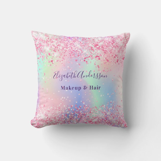 Blush pink holografische naam bedrijf kussen (Voorkant)