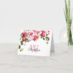 Blush Pink Hot Pink Floral Monogrammed Note Kaart