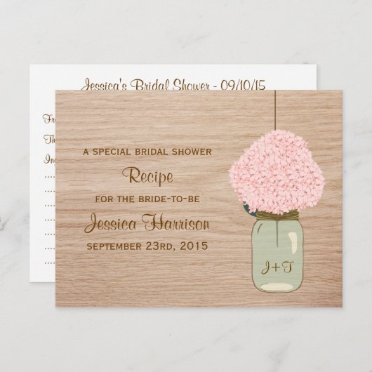 Blush Pink Hydrangea & Mason Jar Vrijgezellenfeest Uitnodiging Briefkaart (Voorkant / Achterkant)