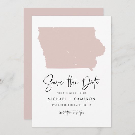 Blush Pink Iowa Map Minimalist Script Weddenschap Save The Date (Voorkant / Achterkant)