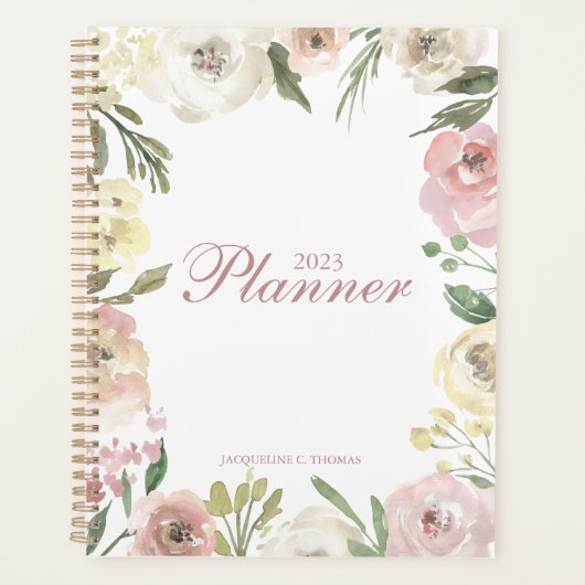 Blush Pink Ivory Floral Chic Personalized 2023 Planner (Voorkant)