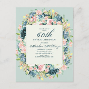  Blush Pink Ivory Floral Mint 60th Birthday Kaart