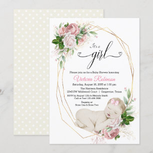 Blush Pink Ivory Gold Girl Waterverf Baby shower Kaart