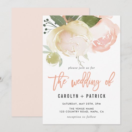 Blush Pink Ivory Peony Wedding Invitation Kaart (Voorkant / Achterkant)