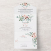 Blush Pink & Ivory Waterverf Floral Wedding All In One Uitnodiging (Binnen)