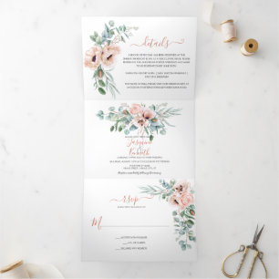 Blush Pink & Ivory Waterverf Floral Wedding   Drieluik Uitnodiging