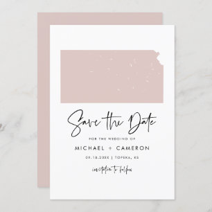 Blush Pink Kansas Map Minimalist Script Weddenscha Save The Date
