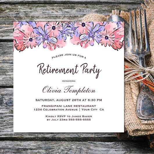 Blush Pink Lavender Floral Retirement Party Kaart
