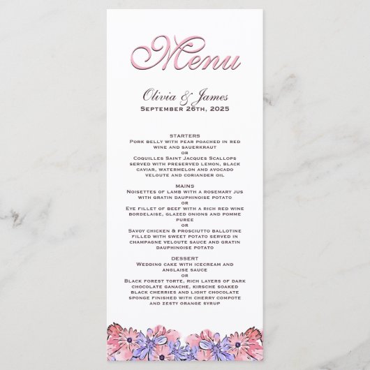 Blush Pink Lavender Floral Wedding Menu (Voorkant)