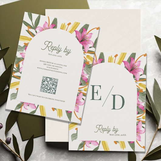 Blush Pink Lily Arched RSVP Card with QR Code Kaartje