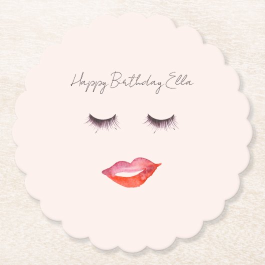 Blush Pink Lips and Eyelashes Birthday Kartonnen Onderzetters (Voorkant)