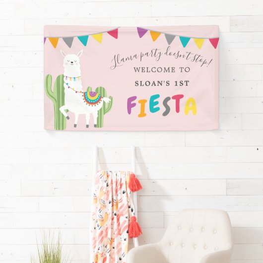 Blush Pink Llama Fun Cactus Birthday Party Welkom Spandoek (Insitu)